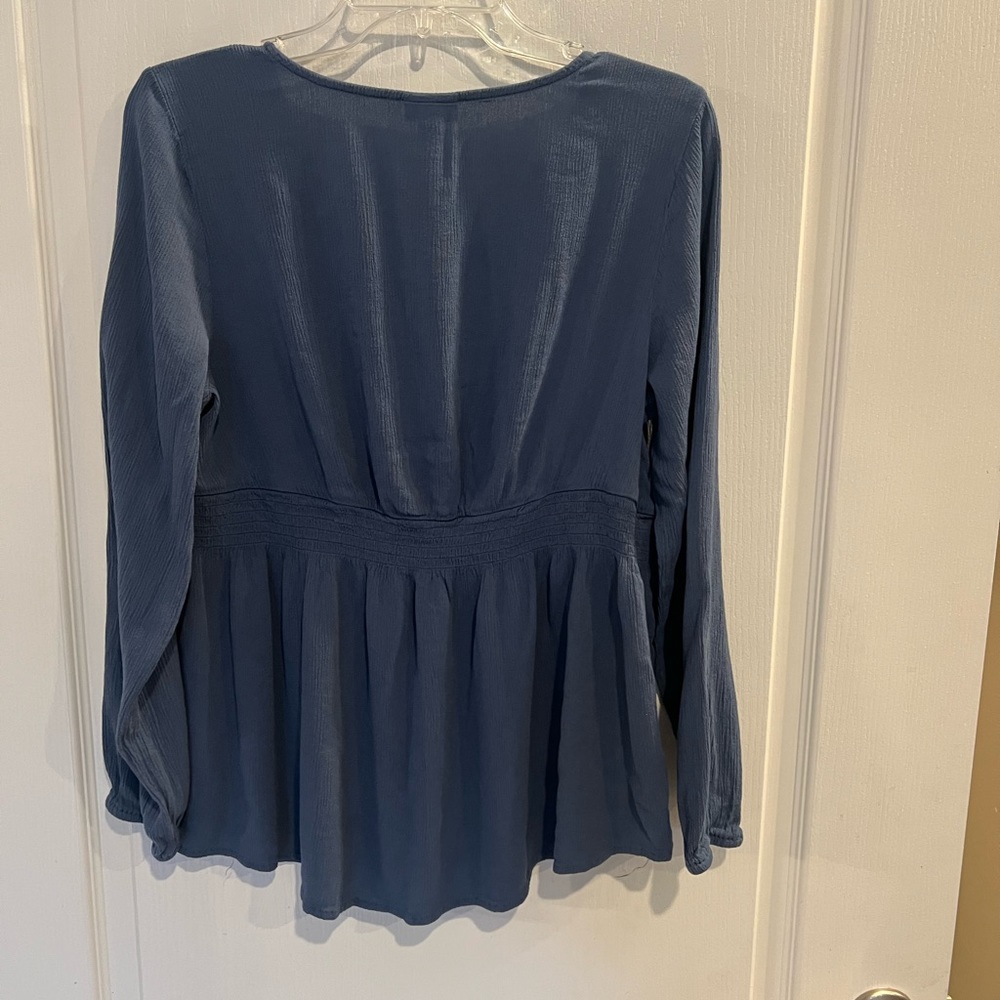 Torrid Blue Gauze Smocked Long Sleeve Button up Blouse. Plus size 1 - Picture 4 of 7